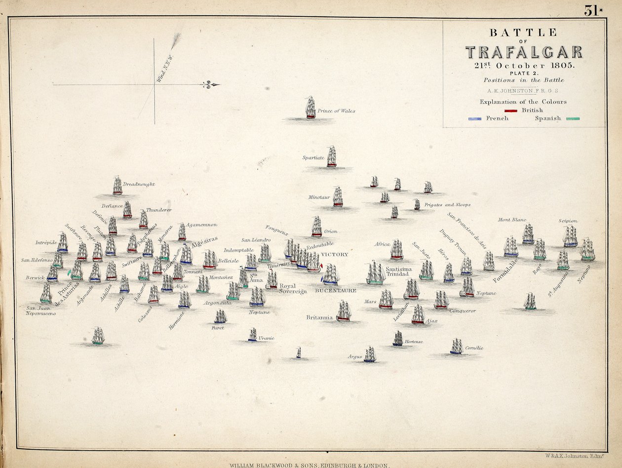 Mapa da Batalha de Trafalgar, publicado por William Blackwood and Sons, Edimburgo e Londres, 1848 (gravura colorida à mão) de Alexander Keith Johnston
