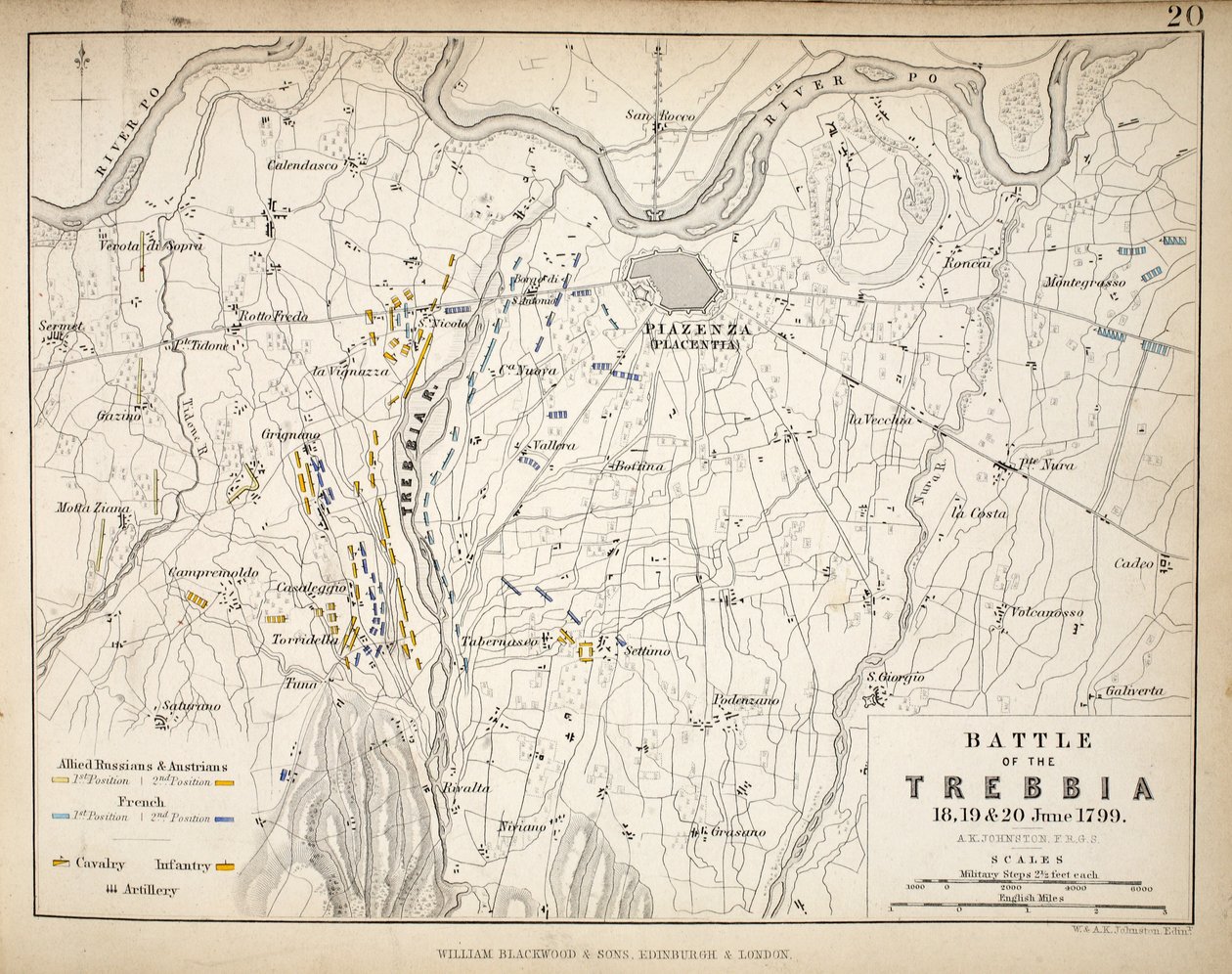 Mapa da Batalha de Trebbia, publicado por William Blackwood and Sons, Edimburgo e Londres, 1848 (gravura colorida à mão) de Alexander Keith Johnston