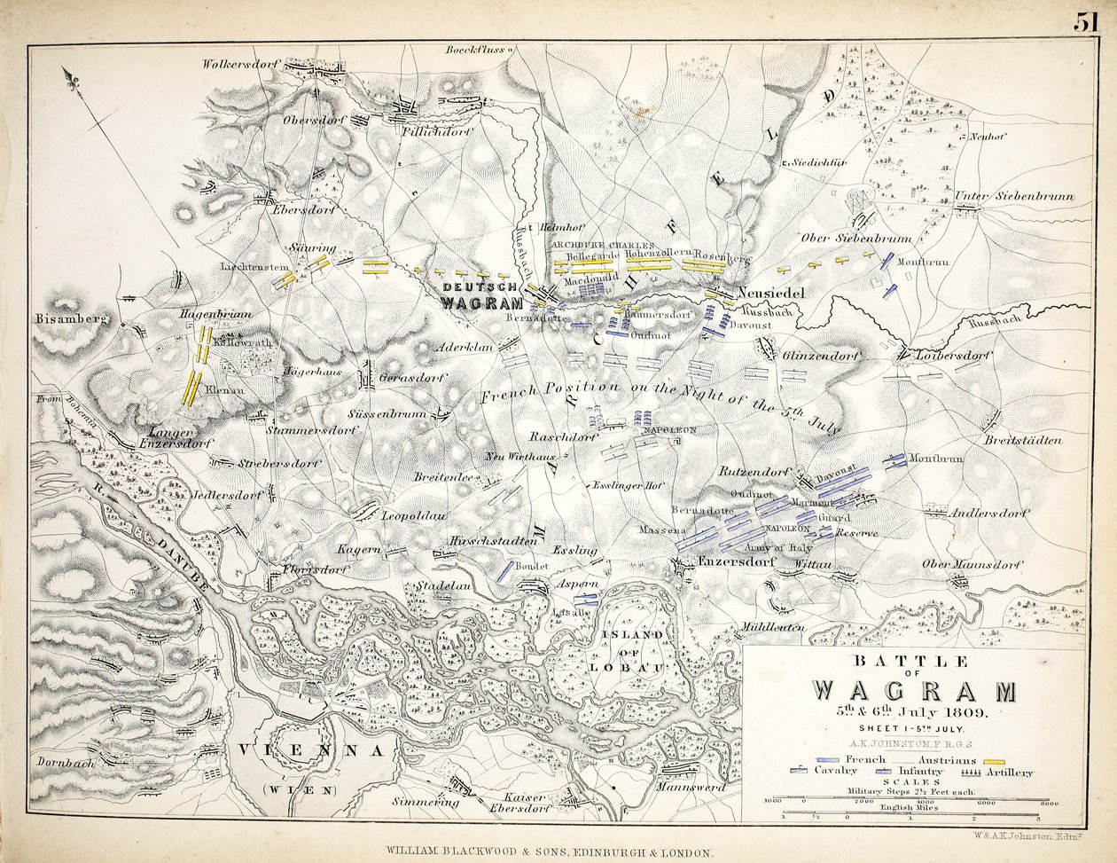 Mapa da Batalha de Wagram, publicado por William Blackwood and Sons, Edimburgo e Londres, 1848 (gravura colorida à mão) de Alexander Keith Johnston