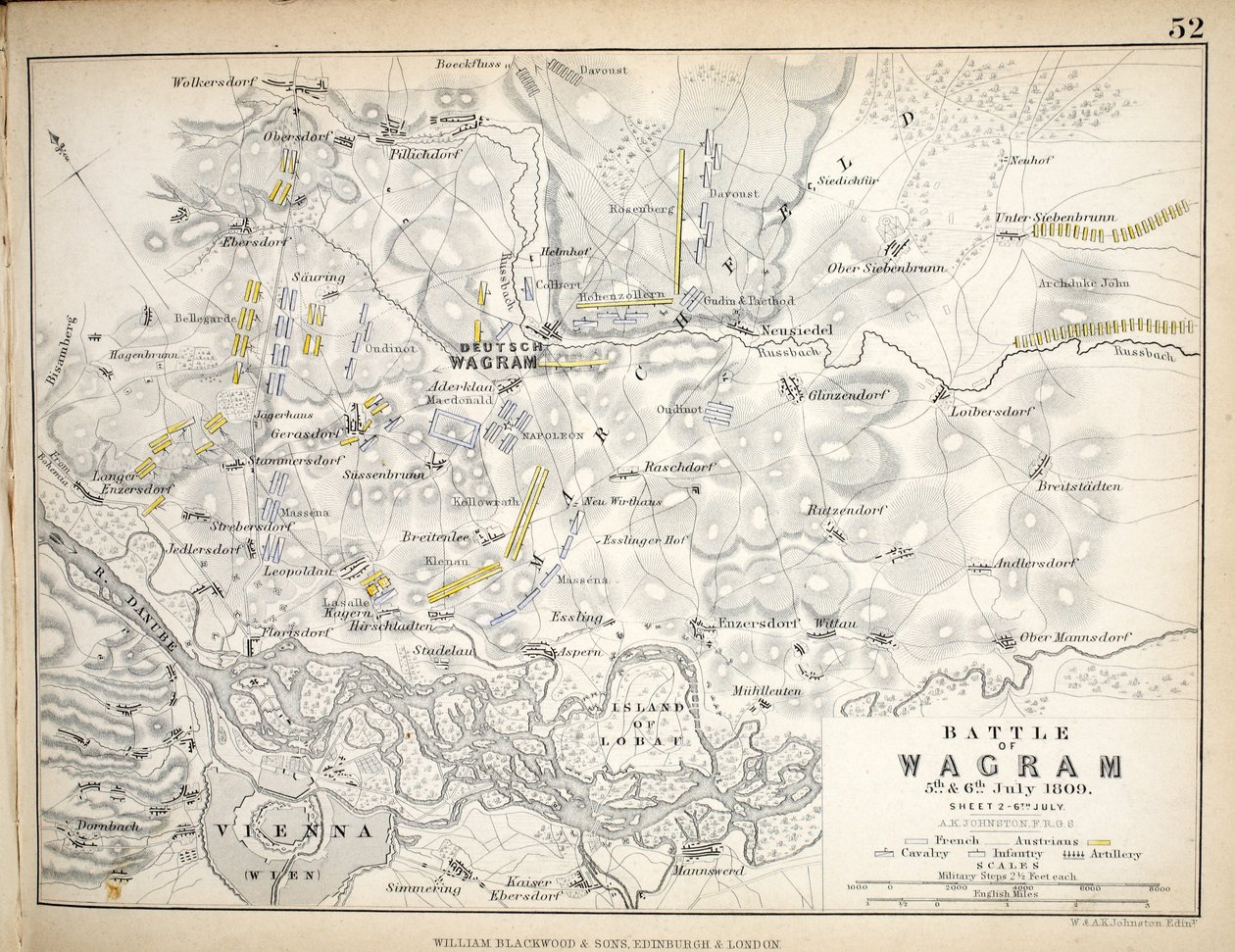 Mapa da Batalha de Wagram, publicado por William Blackwood and Sons, Edimburgo e Londres, 1848 (gravura colorida à mão) de Alexander Keith Johnston
