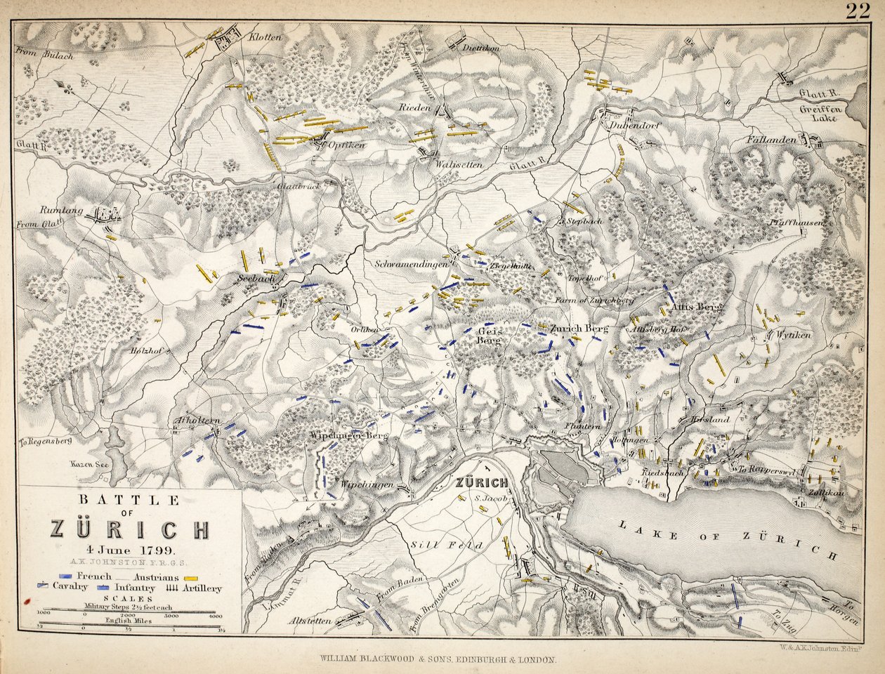 Mapa da Batalha de Zurique, publicado por William Blackwood and Sons, Edimburgo e Londres, 1848 (gravura colorida à mão) de Alexander Keith Johnston
