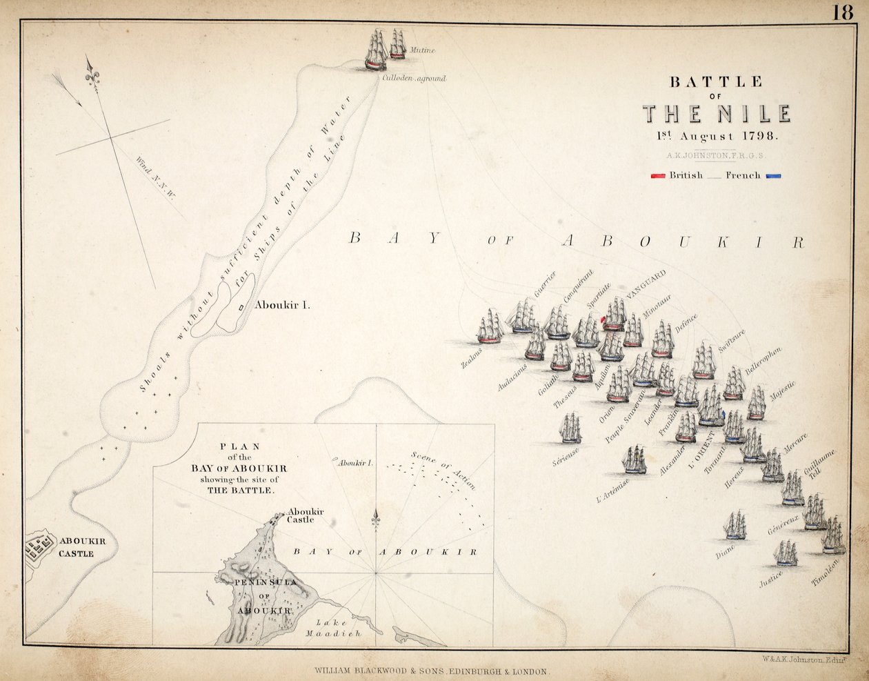 Mapa da Batalha do Nilo, publicado por William Blackwood and Sons, Edimburgo e Londres, 1848 (gravura colorida à mão) de Alexander Keith Johnston