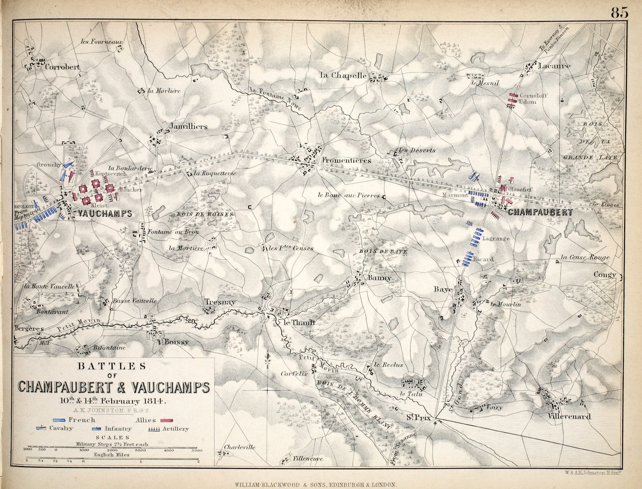 Mapa das Batalhas de Champaubert e Vauchamps, publicado por William Blackwood and Sons, Edimburgo e Londres, 1848 (gravura colorida à mão) de Alexander Keith Johnston