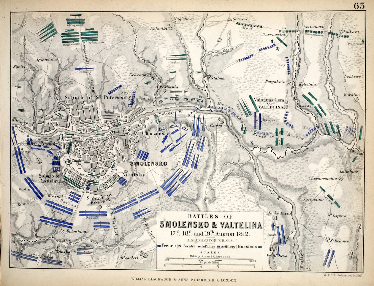 Mapa das Batalhas de Smolensko e Valtelina, publicado por William Blackwood and Sons, Edimburgo e Londres, 1848 (gravura colorida à mão) de Alexander Keith Johnston