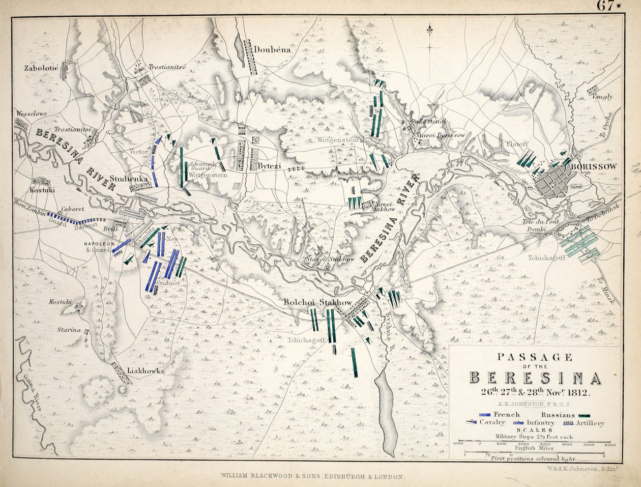 Mapa da Passagem de Beresina, publicado por William Blackwood and Sons, Edimburgo e Londres, 1848 (gravura colorida à mão) de Alexander Keith Johnston