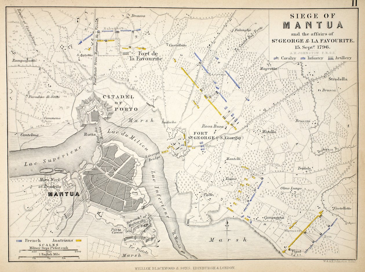Mapa do cerco de Mântua, publicado por William Blackwood and Sons, Edimburgo e Londres, 1848 (gravura colorida à mão) de Alexander Keith Johnston