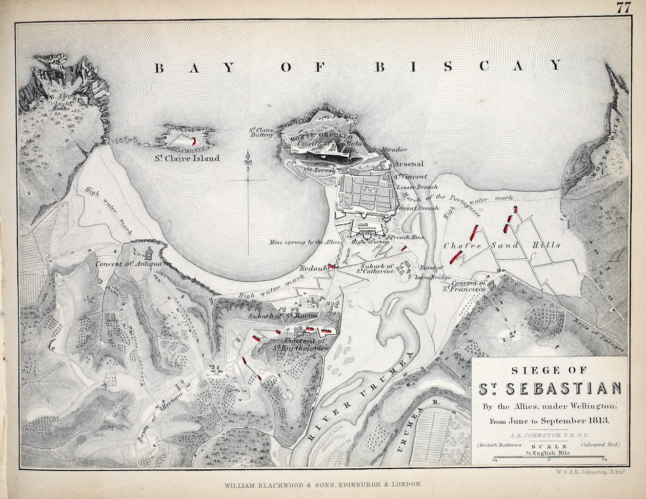 Mapa do cerco de São Sebastião, publicado por William Blackwood and Sons, Edimburgo e Londres, 1848 (gravura colorida à mão) de Alexander Keith Johnston