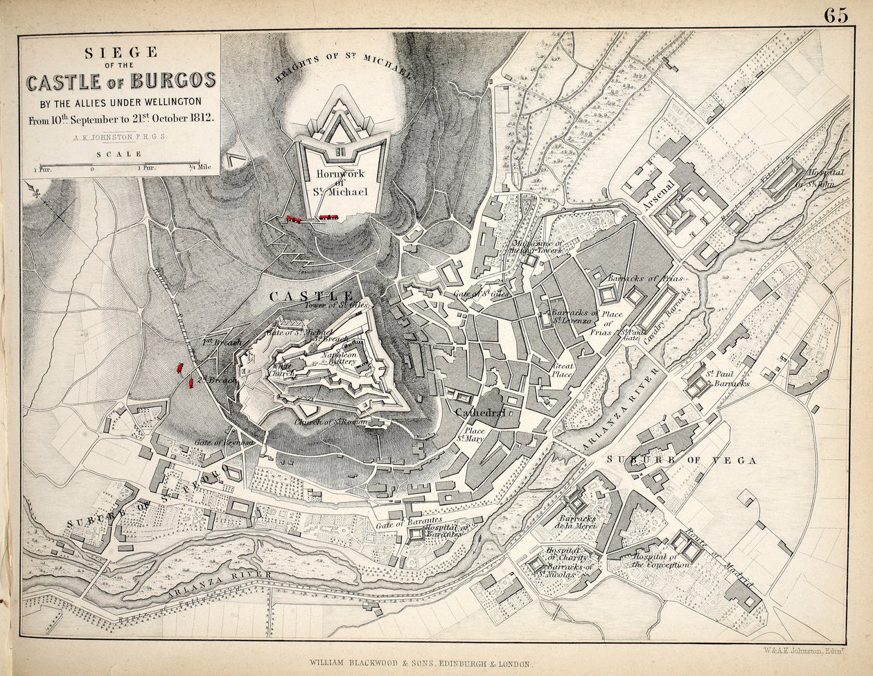 Mapa do cerco do castelo de Burgos, publicado por William Blackwood and Sons, Edimburgo e Londres, 1848 (gravura colorida à mão) de Alexander Keith Johnston