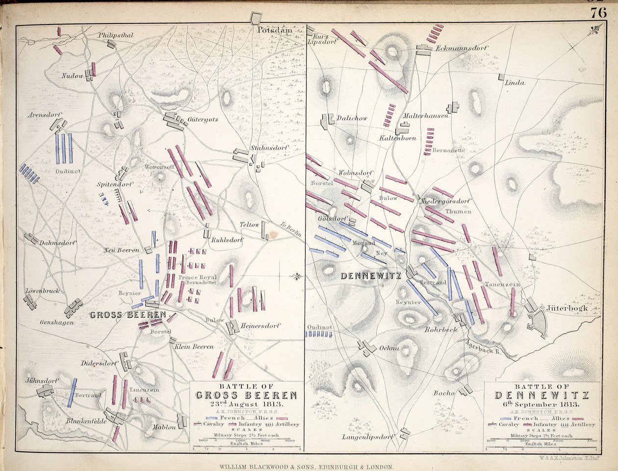 Mapas da Batalha de Gross Beeren e Batalha de Dennewitz, publicados por William Blackwood and Sons, Edimburgo e Londres, 1848 (gravura colorida à mão) de Alexander Keith Johnston