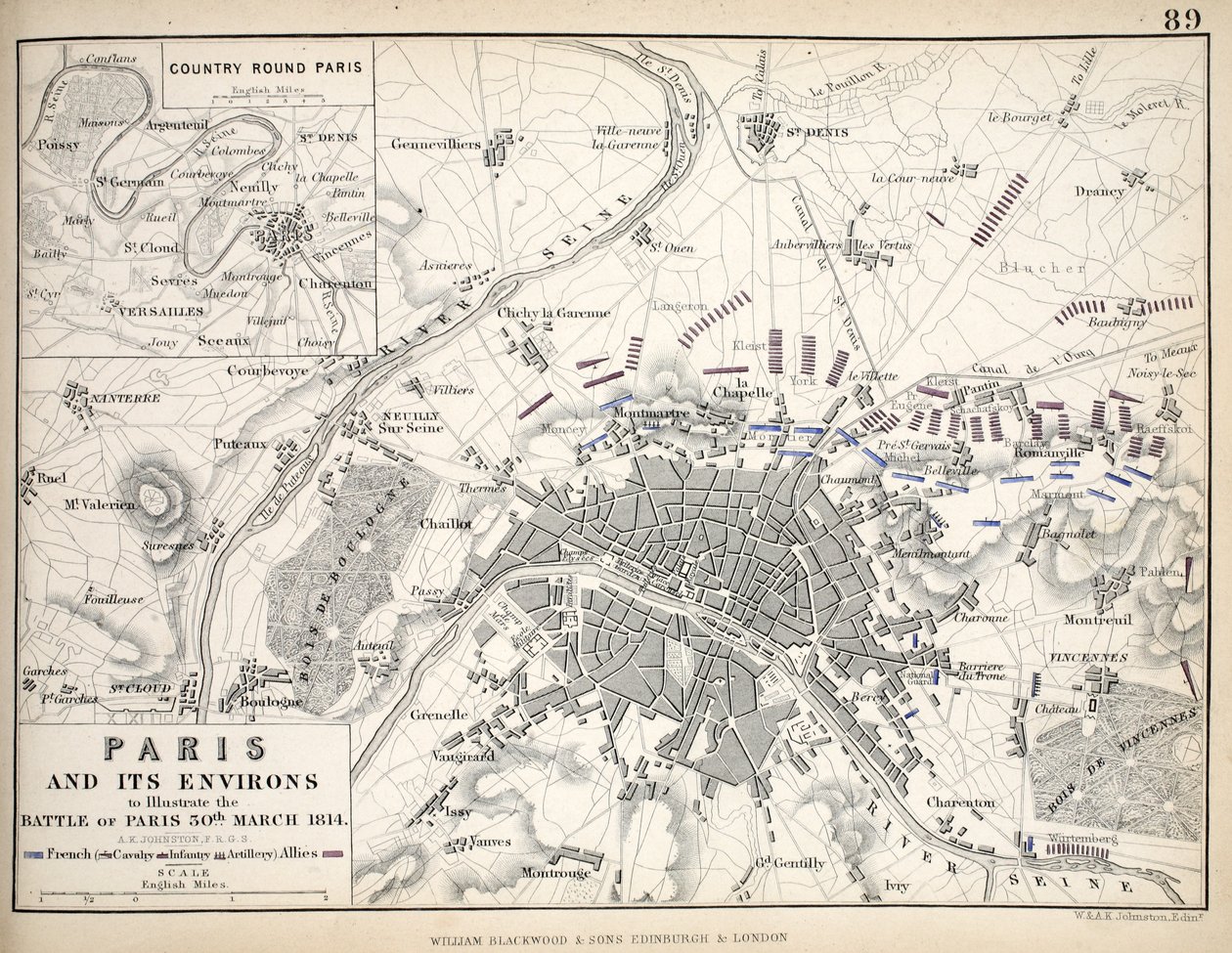 Paris and its Environs, para ilustrar a Batalha de Paris, 30 de março de 1814, publicada em 1830 de Alexander Keith Johnston