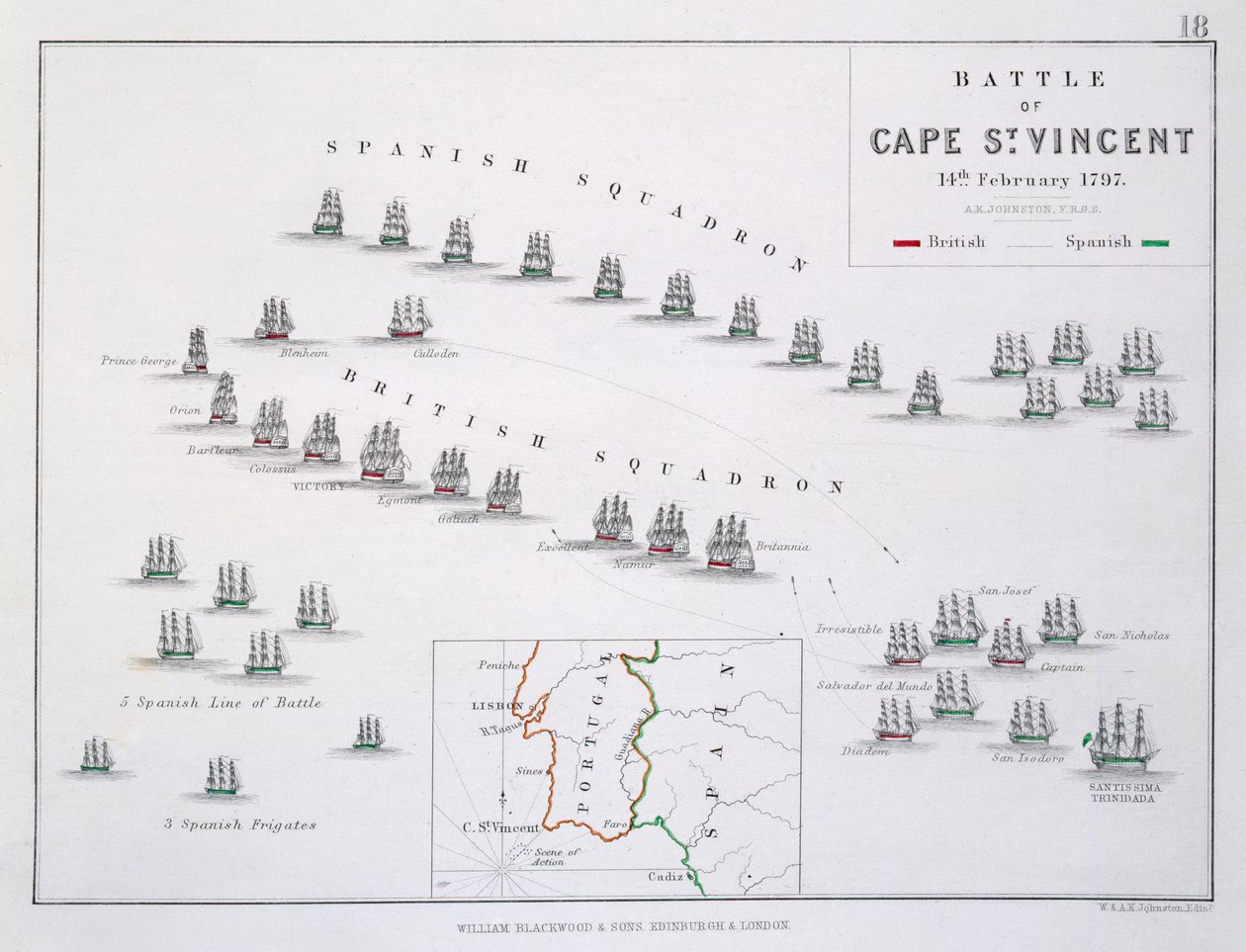 Plano da Batalha do Cabo de São Vicente, 14 de fevereiro de 1797, c.1830 de Alexander Keith Johnston