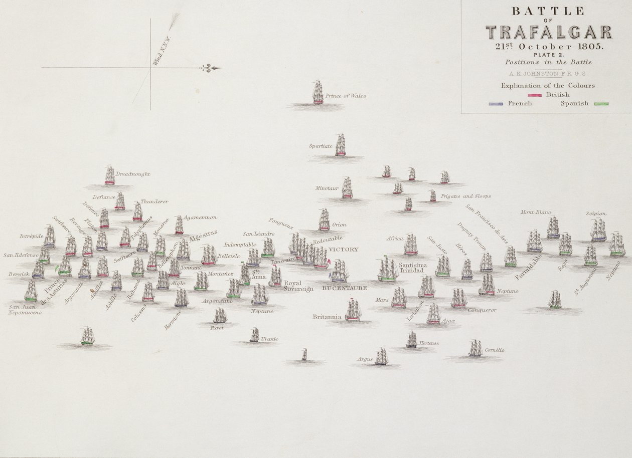 A Batalha de Trafalgar, 21 de outubro de 1805, Posições na Batalha, c.1830s de Alexander Keith Johnston