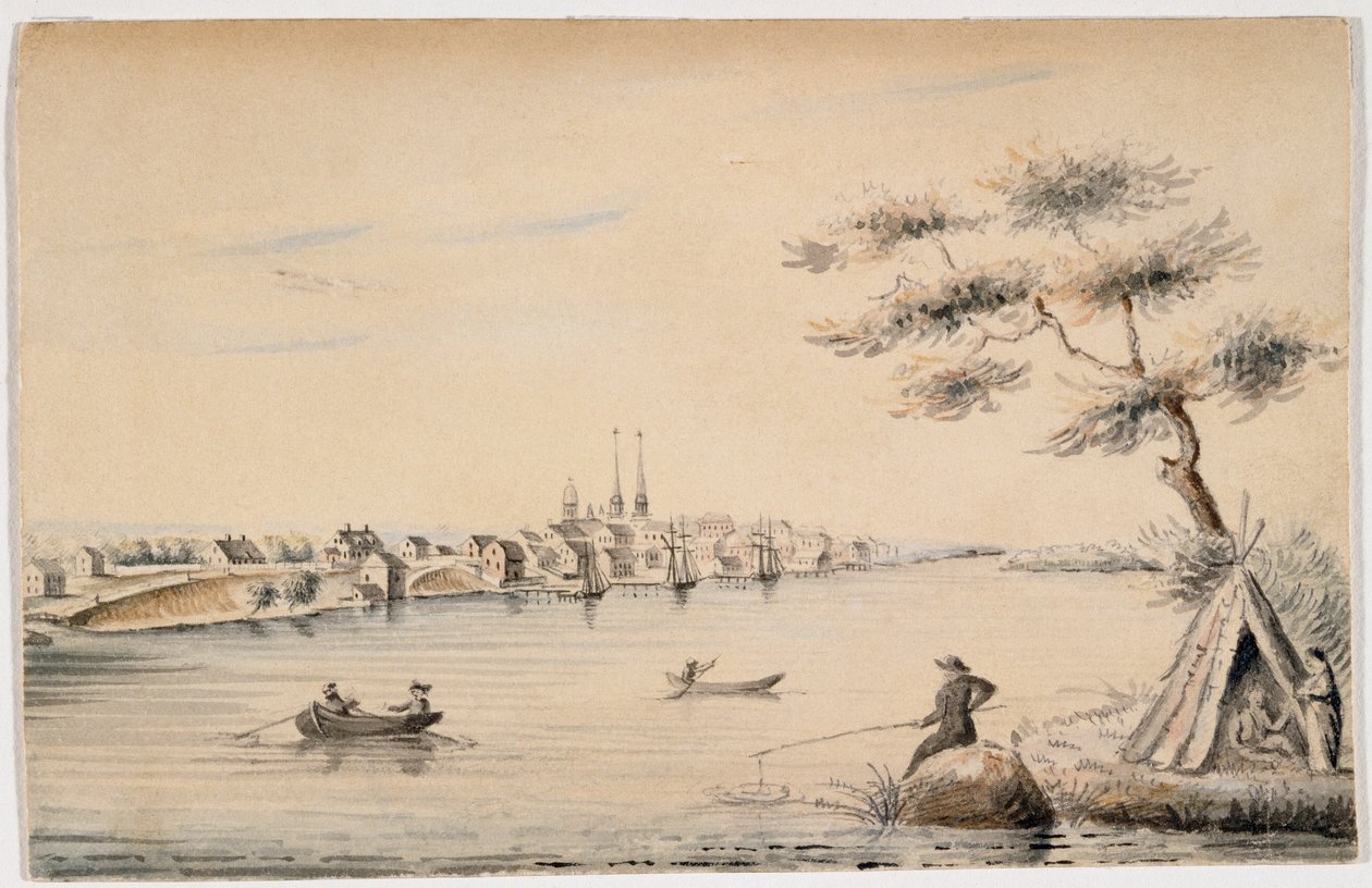 Detroit visto da costa canadense em 1821 (tinta preta e wc sobre lápis sobre papel) de Alexander Macomb