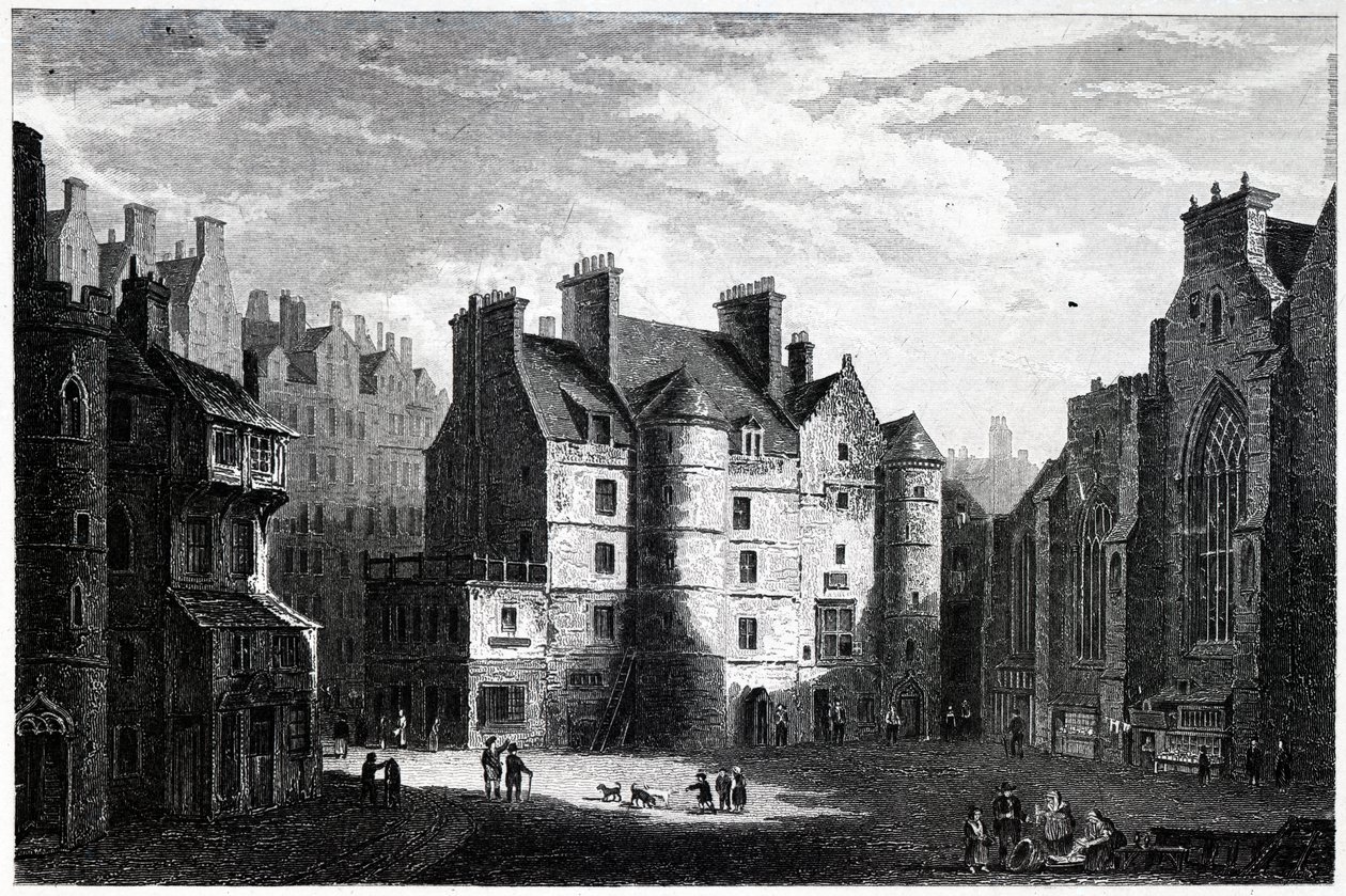 Velho Tolbooth, Edimburgo, gravado por Edward Finden (1791-1857) de Alexander Nasmyth