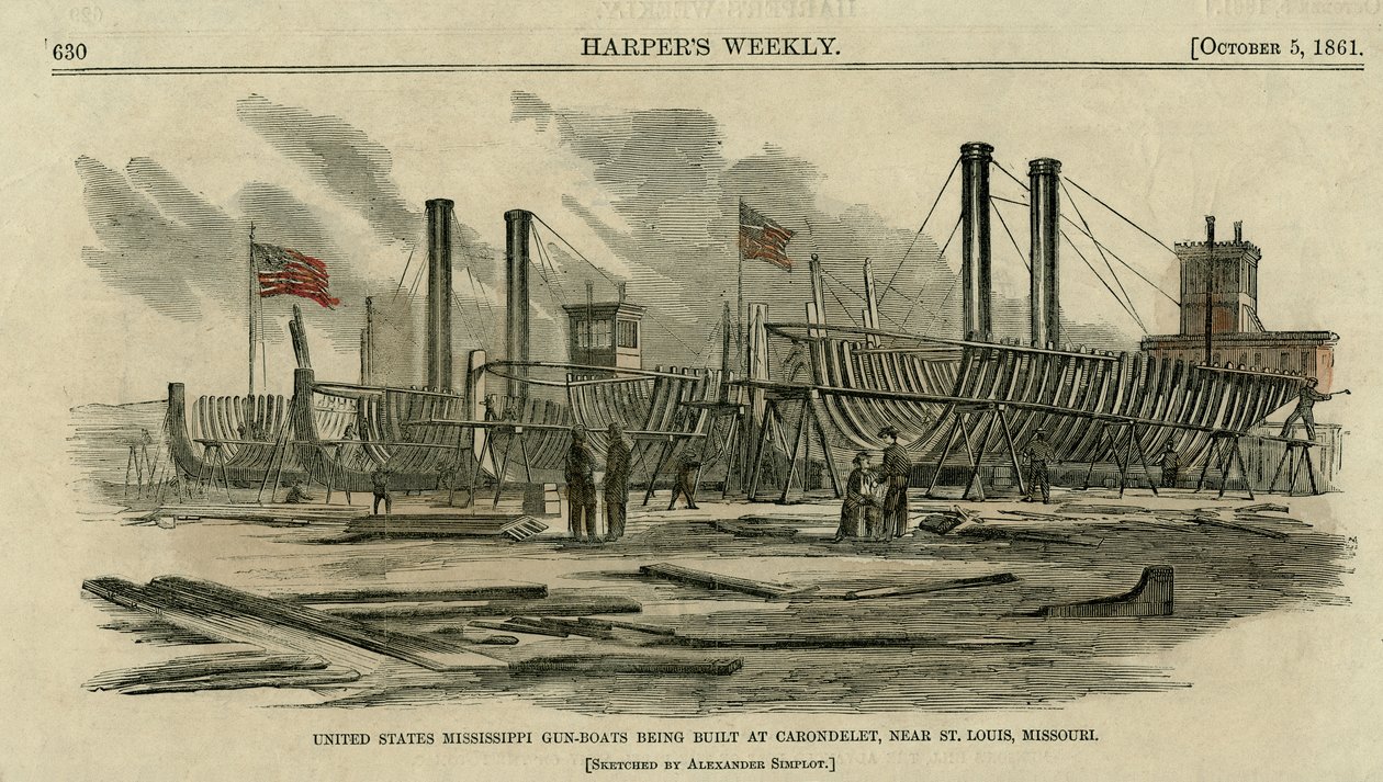 Os Estados Unidos Mississippi Gun-boats sendo construídos em Carondelet, perto de St. Louis, Missouri de Alexander Simplot