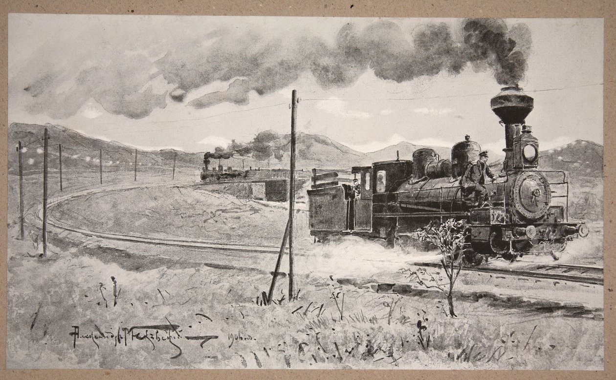 Treinar carga de munição conduzida sob fogo inimigo de Liao-Yang para Port Arthur pelo Tenente-Coronel Spiridonoff, 25 de abril de 1904, ilustração da &39;Manchúria: imagens da Guerra Russo-Japonesa&39;, de Alexander Vladimirovich Makovsky