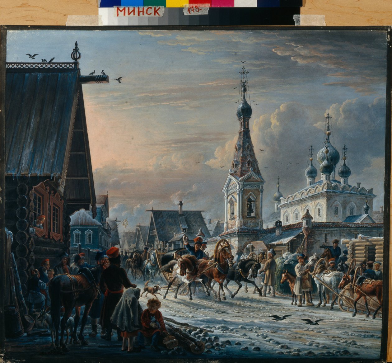 Trenós de correio russo (troika) circulando em uma rua no inverno e cumprimentando os habitantes em seu caminho (rua com carruagens de correio) - Pintura de Alexander Osipovich Orlowski (1777-1832) de Alexander Orlowski