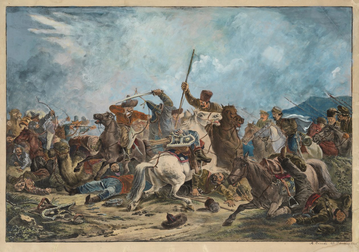 Kirghizes (Kirghiz ) e cossacos - Batalha entre Kirghiz e cossacos - Orlowski (Orlovsky), Alexander Osipovich (1777-1832) - 1826 - Litografia, aguarela - 54x77 - Coleção Privada de Alexander Orlowski
