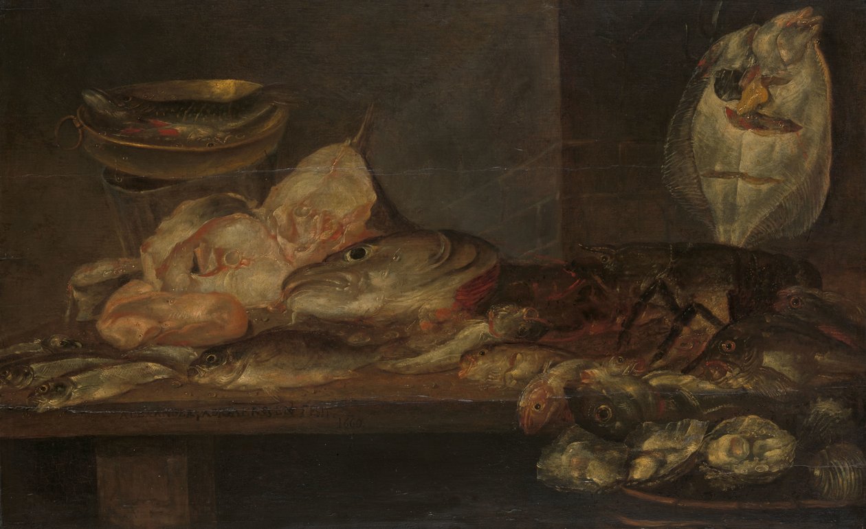 Natureza Morta com Peixes e uma Lagosta e Ostras numa Mesa nas proximidades de Alexander Adriaenssen