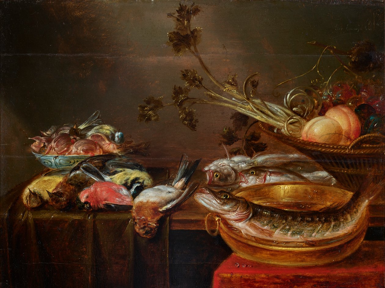 Natureza morta com peixes, pássaros e frutos de Alexander Adriaenssen