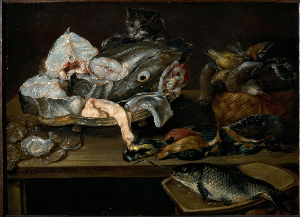 Natureza morta com peixe, frutos do mar, aves e gato de Alexander van Adriaenssen