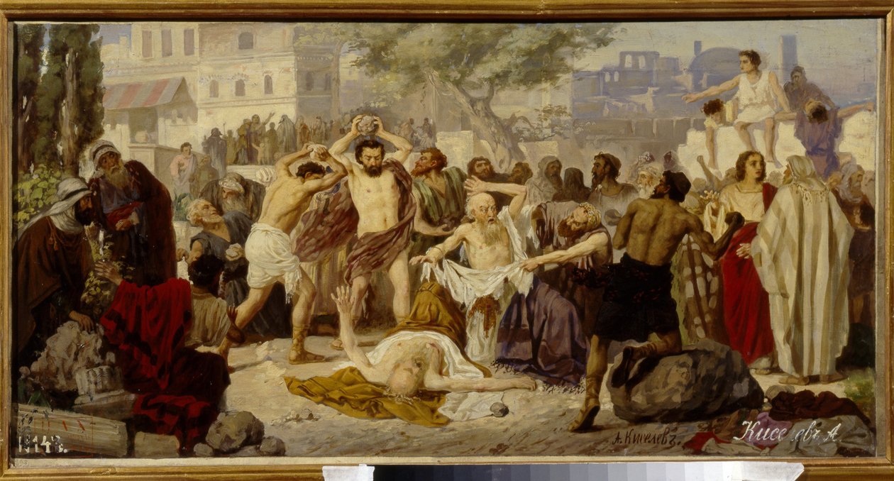 The Stoning Of The Judges - Pintura de Alexander Alexeyevich Kiselev (1855- depois de 1918), óleo sobre tela de Alexander Alexeyevich Kiselev