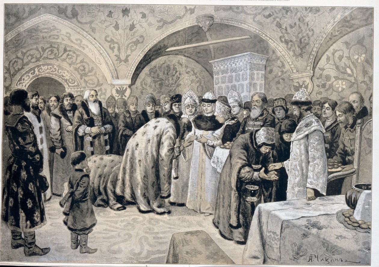 A recepção da czarina após as matinas da Páscoa. Obra de Alexander Andreyevich Chikin (1865-1924), litografia. Arte russa de Alexander Andreyevich Chikin