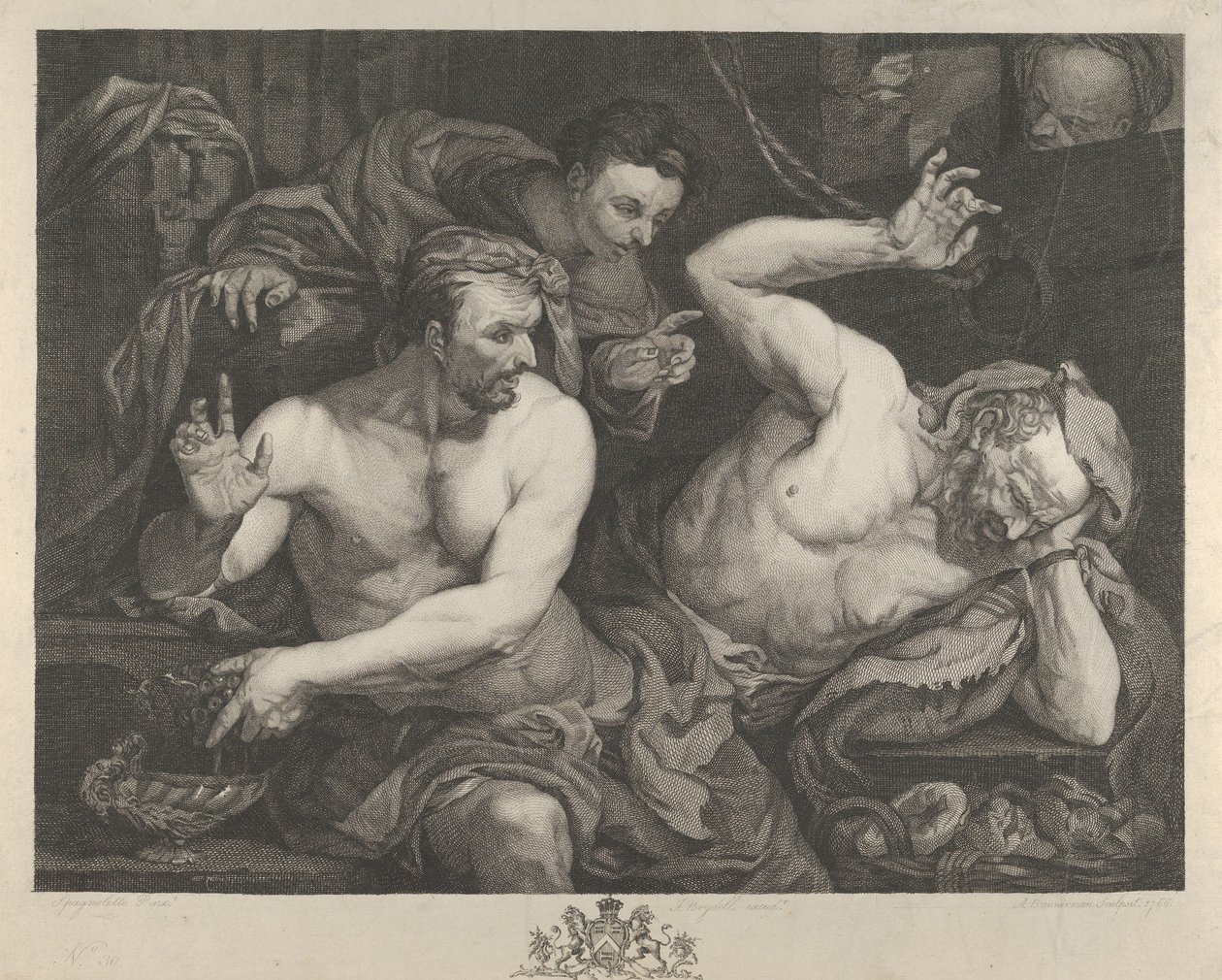 Joseph interpretando os sonhos do mordomo e padeiro-chefe do Faraó, 1766. de Alexander Bannerman