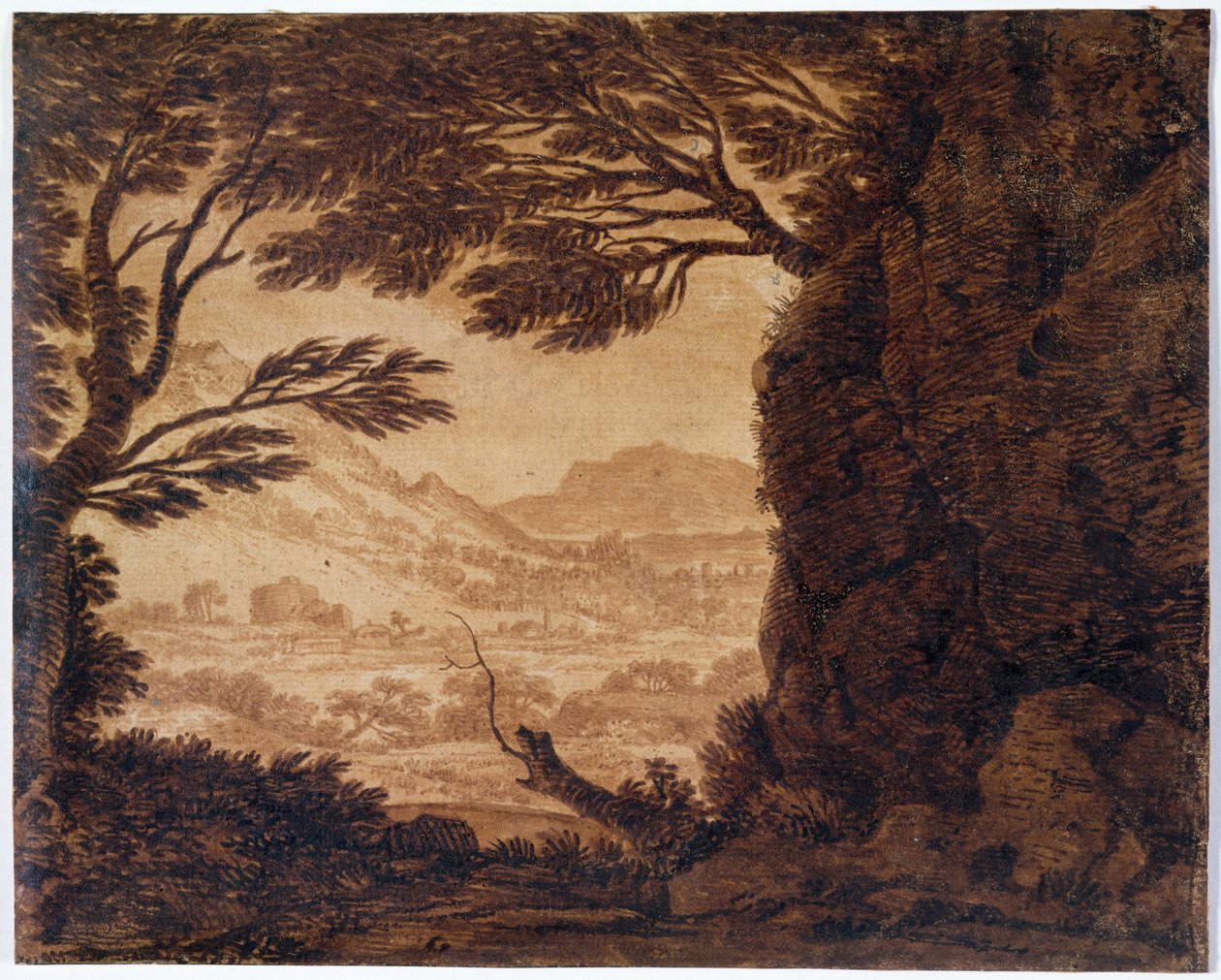 Paisagem Clássica, meados do século XVIII (sépia sobre papel) de Alexander Cozens