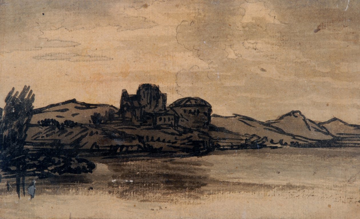 Paisagem Italiana com Edifício Domed (lápis e lavagem em papel) de Alexander Cozens