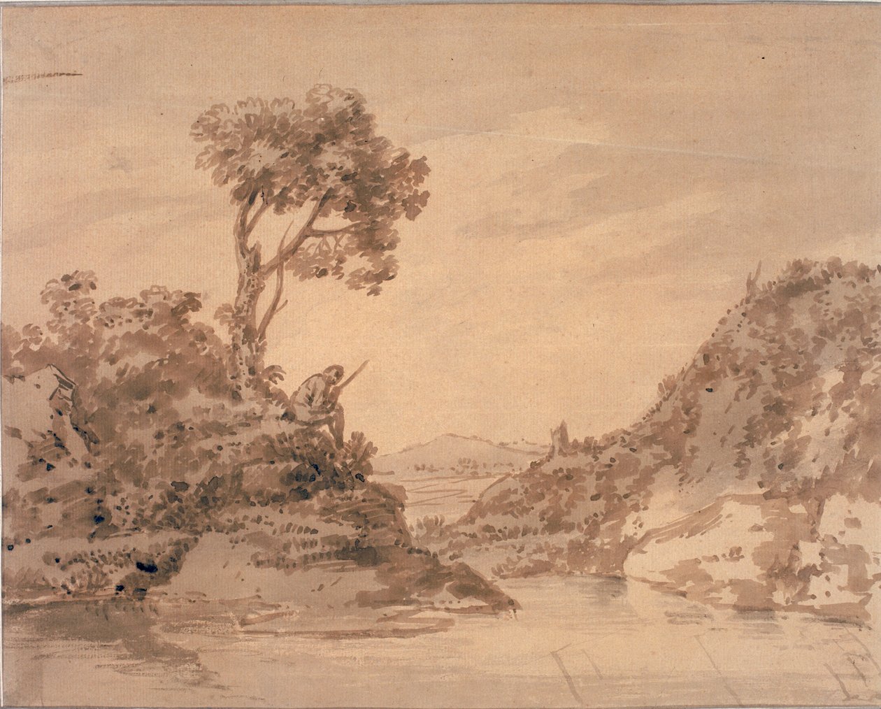 Paisagem com figura no banco de uma piscina (aguarela, sépia e lavagem) de Alexander Cozens