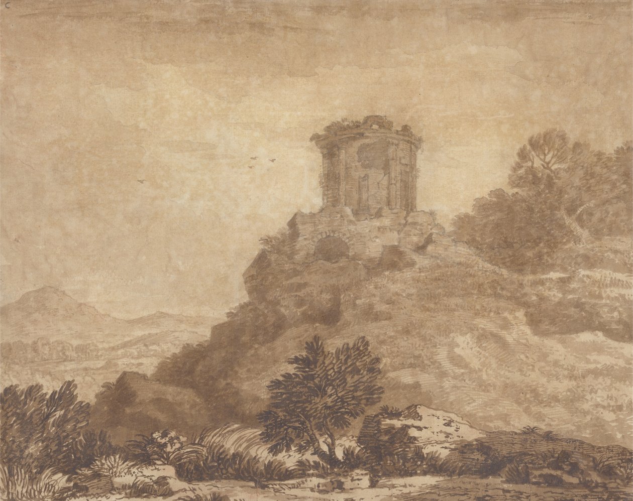 Paisagem com templo em ruínas, c.1756 (grafite e lavagem sobre papel) de Alexander Cozens