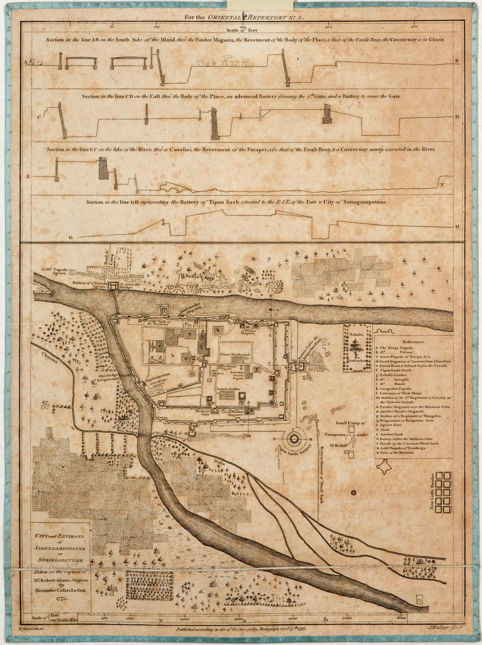 Cidade e arredores de Sirengampatanne ou Seringapatnam tiradas a pedido de Robert Adams, cirurgião, por Alexander Cesars LeGou 1775. de Alexander Dalrymple