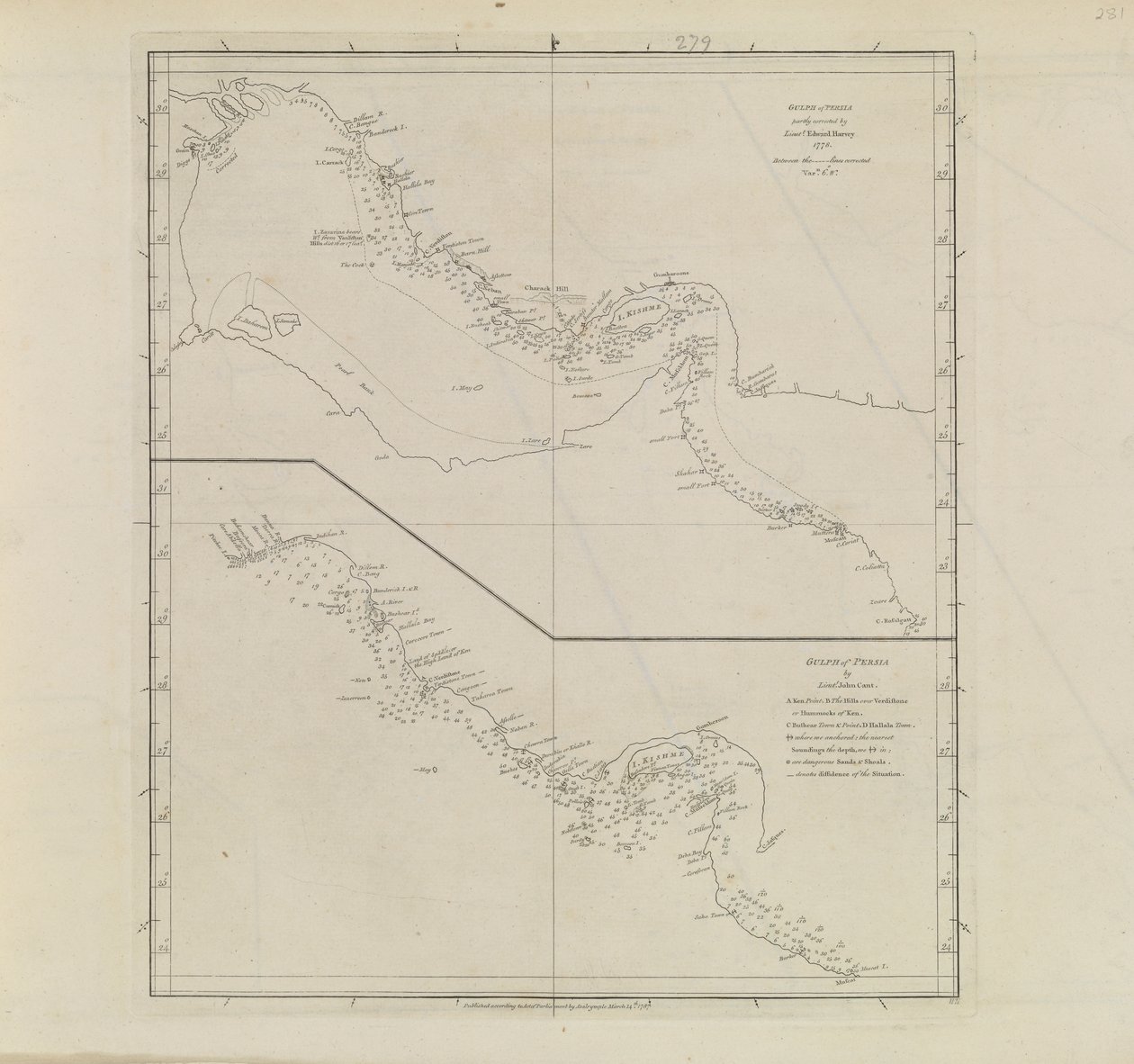 Plans of Ports, Dalrymple, Alexander publicado em 1791 Número de identificação 41167-2001 Uma carta plana de parte do Golfo da Pérsia, parcialmente corrigida pelo Tenente Edward Harvey 1778 de Alexander Dalrymple
