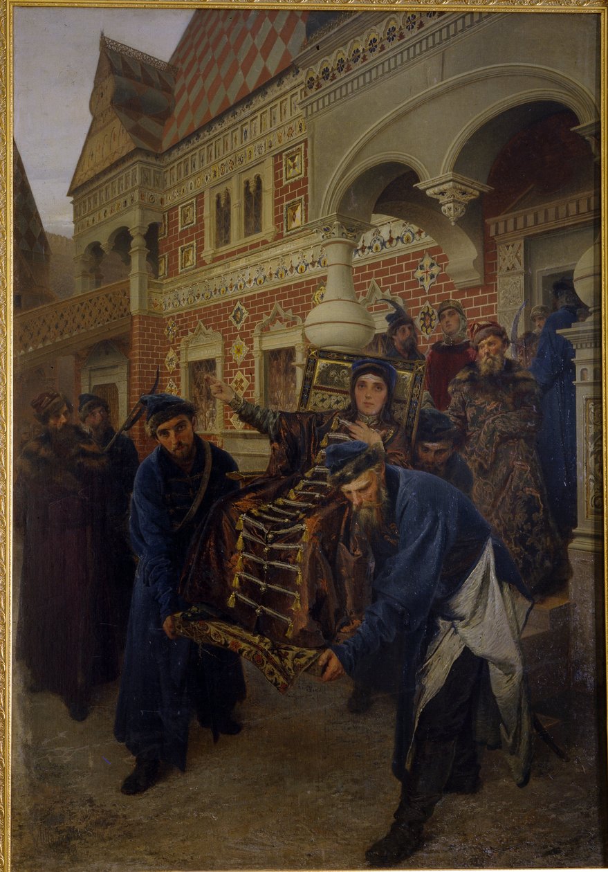Boyarin Morozova. (Boyarynya Morozova). Feodosia Prokofiyevna Morozova (1632-1675), uma fervorosa defensora do rito dos Velhos Crentes, fez votos monásticos sob o nome de Theodora. Ela é descrita durante sua prisão por apoiadores da quadrilha de Alexander Dimitrievitch Litovtchenko