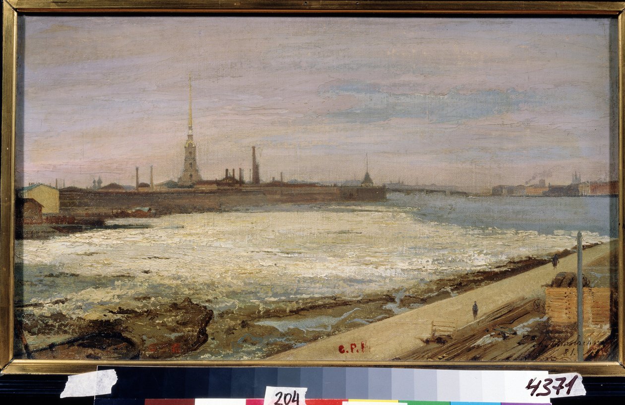 Deriva do gelo no rio Neva em São Petersburgo. No fundo, a catedral de São Pedro e Paulo e a fortaleza. Pintura de Alexander Dmitrievich Litovchenko (Litovtchenko) (1835-1890), óleo sobre tela de Alexander Dimitrievitch Litovtchenko