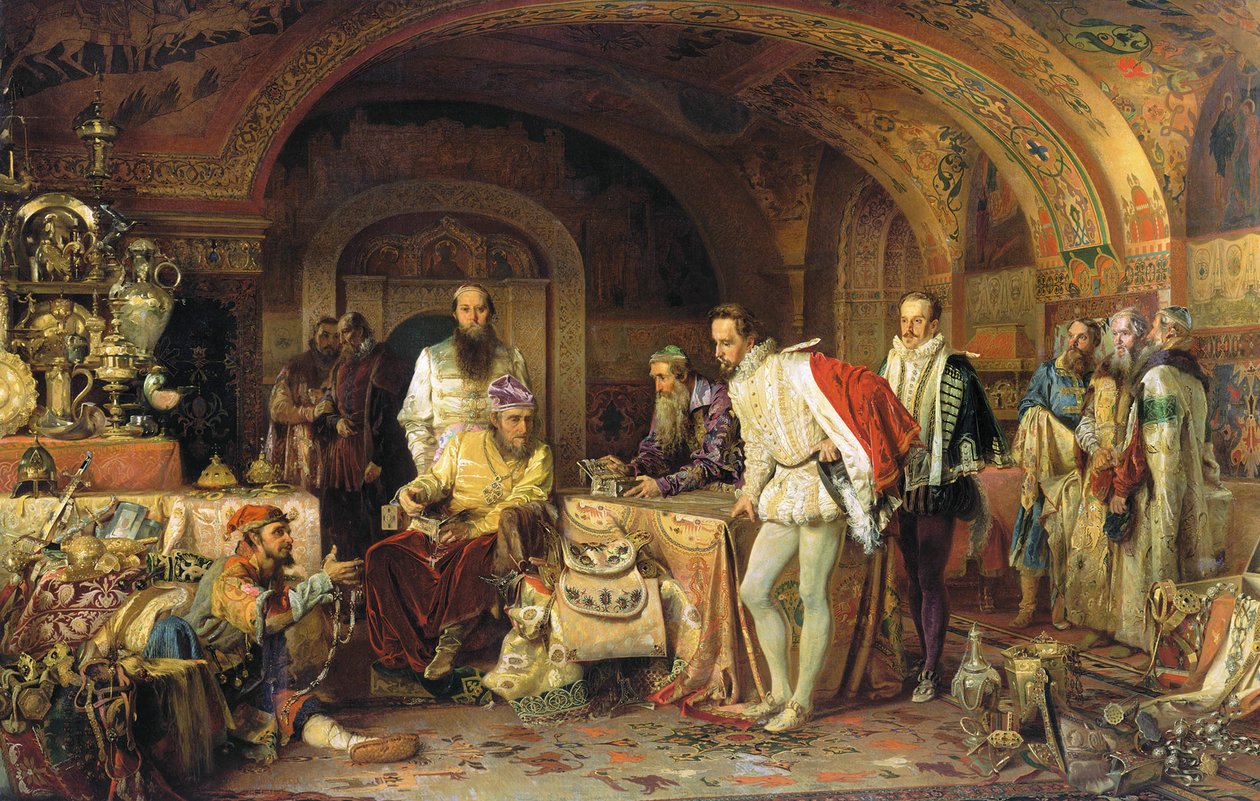 Ivan IV da Rússia demonstra seus tesouros ao embaixador da rainha Elizabeth I da Inglaterra, 1875 de Alexander Dmitrievich Litovchenko
