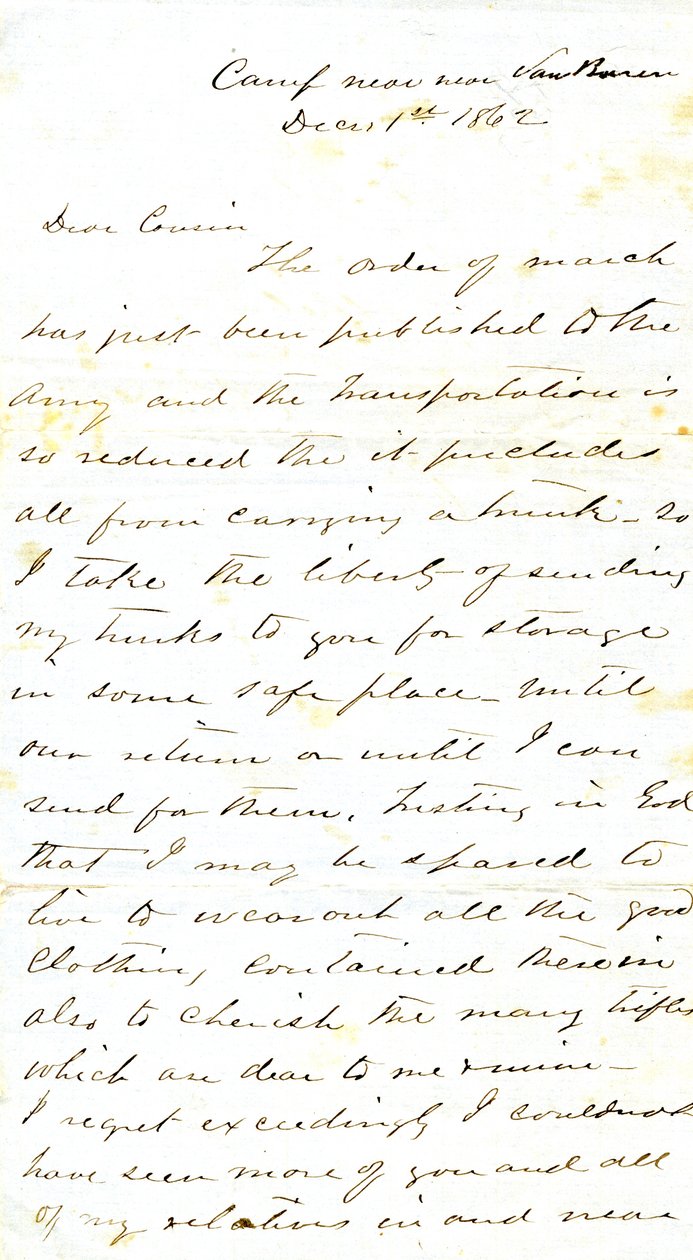 Carta assinada por A.E. Steen, acampamento perto de Van Buren, à sua prima Sra. Mary Walker, Van Buren, Ark., 1 de Dezembro de 1862 de Alexander Early Steen