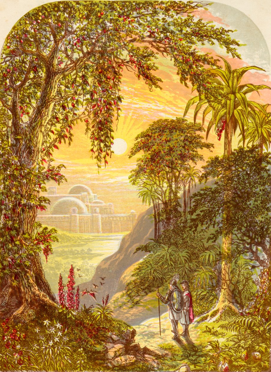 Cristão e esperançoso na terra de Beulah, de The Pilgrims Progress, de John Bunyan, publicado em 1880 de Alexander Francis Lydon