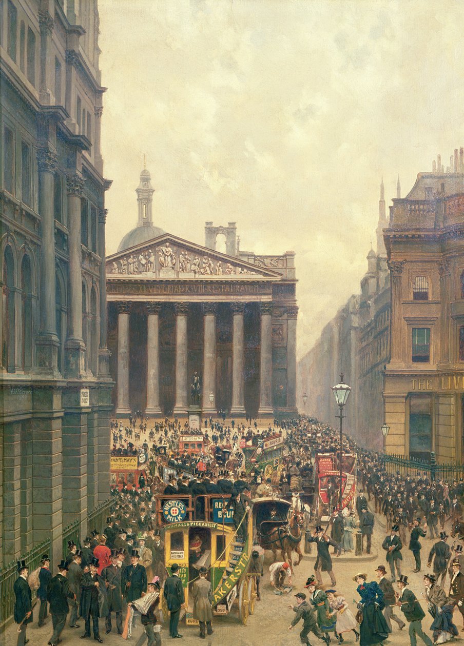 A hora do rush pela Royal Exchange da Queen Victoria Street, 1904 de Alexander Friedrich Werner