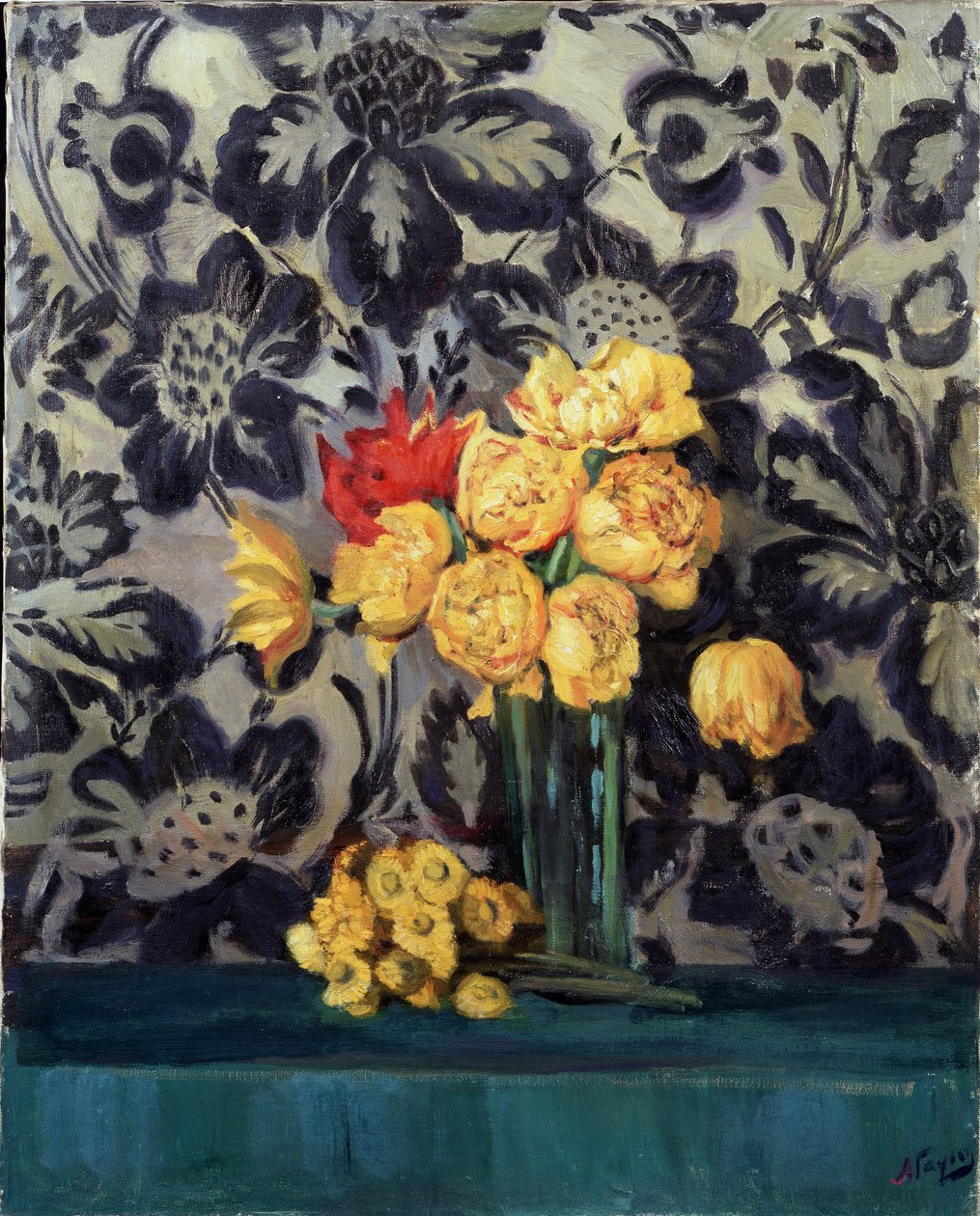 "Flowers, yellow on black" Pintura de Alexander Gaush (1873-1947) 1916 aproximadamente Galeria de Arte Regional, Vologda de Alexander Gaush
