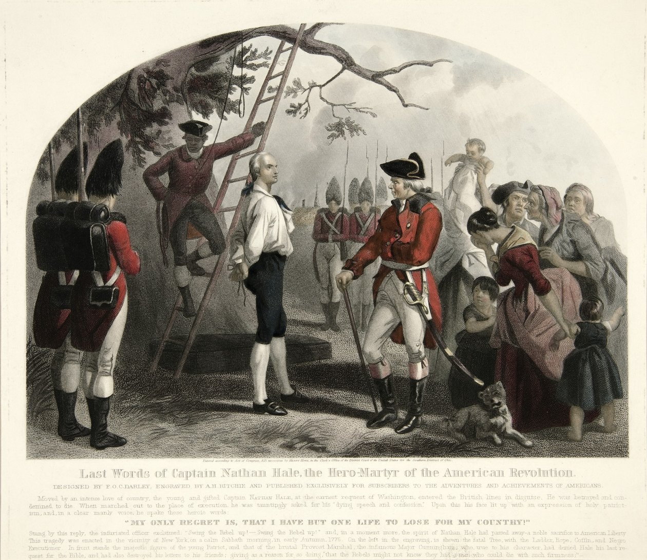 Últimas Palavras do Capitão Nathan Hale , pub. 1858 (gravura colorida à mão) de Alexander Hay Ritchie