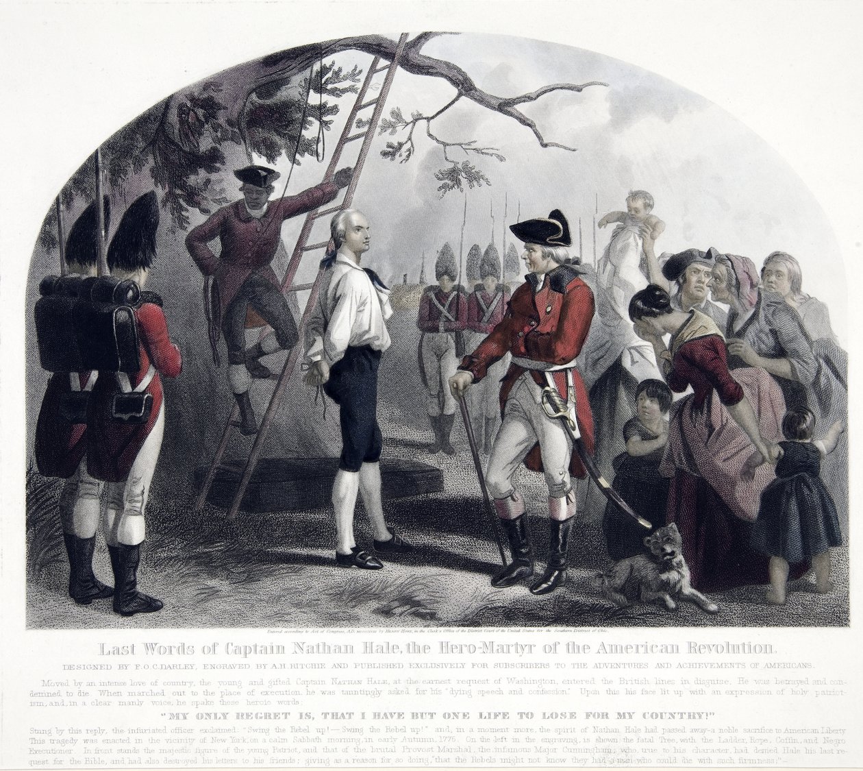 Últimas Palavras do Capitão Nathan Hale, pub. 1858 (gravura colorida à mão) de Alexander Hay Ritchie