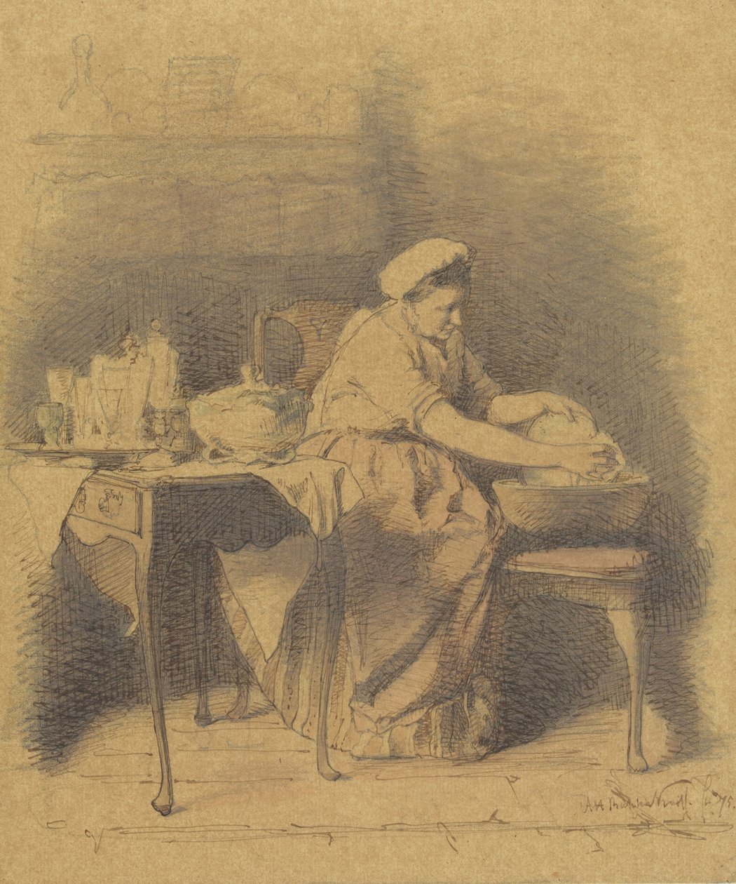 Mulher sentada lavando pratos de Alexander Hugo Bakker Korff