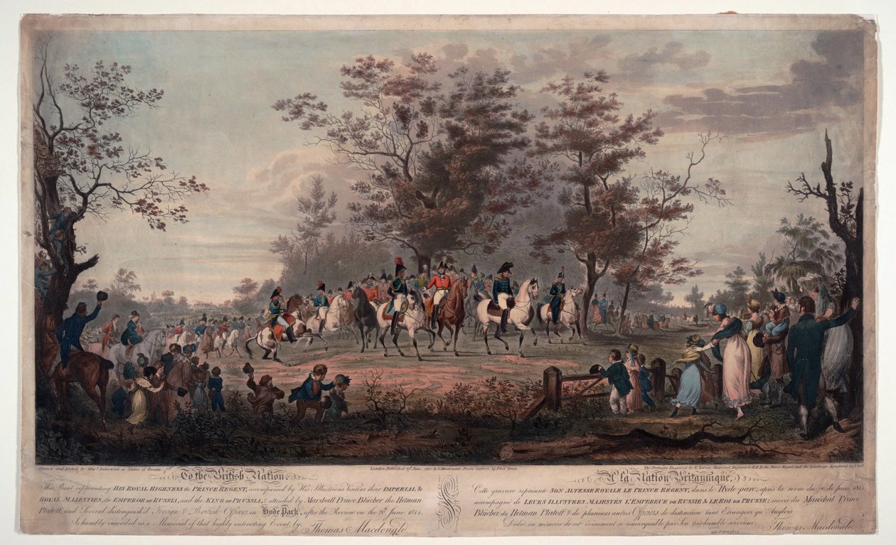 Frederic Wilhelm (Frederic William) III da Prússia (1770-1840) - governantes aliados revendo no Hyde Park 1814 - Príncipe Regente, William III da Prússia, Alexandre I (Alexandre I da Rússia) de Alexander Ivanovich Sauerweid
