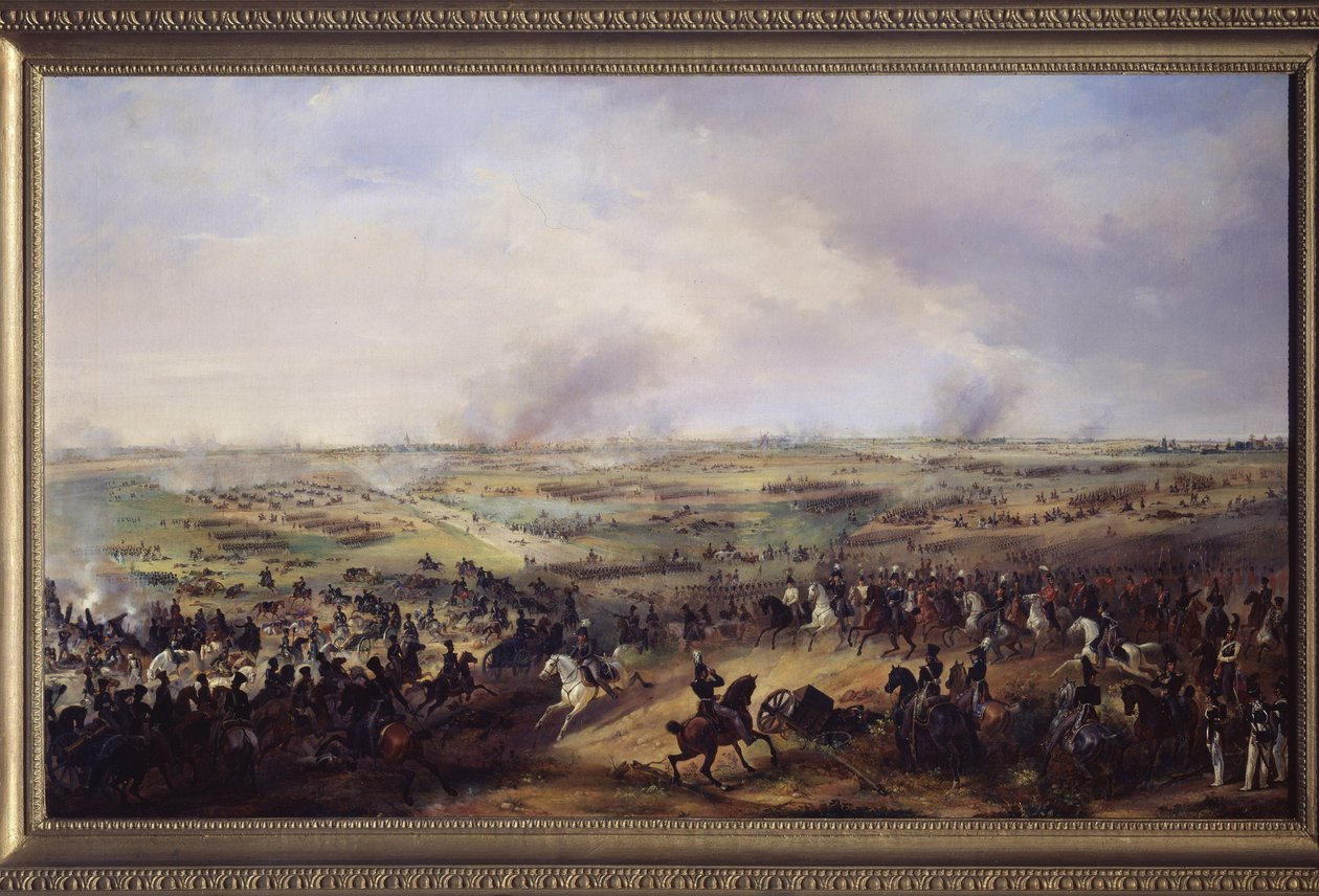 A Batalha das Nações em Leipzig (Alemanha) em outubro de 1813. (ou Batalha de Leipzig, episódio da terceira coalizão, campanha alemã das guerras napoleônicas). Pintura de Alexander Sauerweid (1783-1844), óleo sobre tela. arte alemã do século 19 de Alexander Ivanovich Sauerweid
