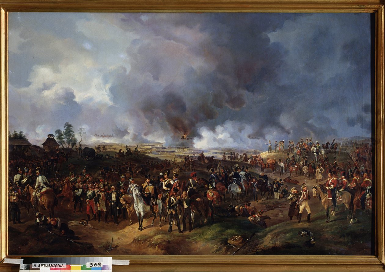 A Batalha das Nações em Leipzig (Alemanha), Outubro de 1813 (ou Batalha de Leipzig, um episódio das Guerras Napoleónicas, durante a Campanha Alemã (1813). Pintura de Alexander Ivanovich Sauerweid (1783-1844), óleo sobre tela de Alexander Ivanovich Sauerweid