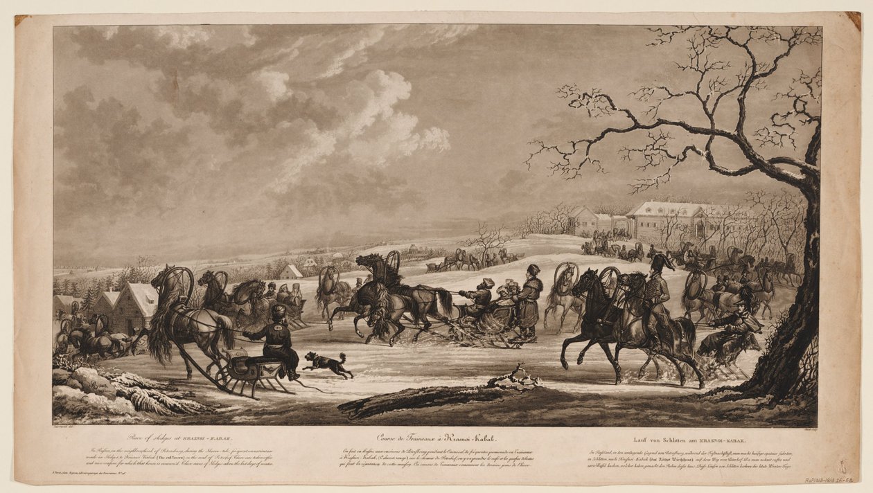 Corrida de trenós na pequena taberna vermelha Krasny Kabachok, 1814 de Alexander Ivanovich Sauerweid