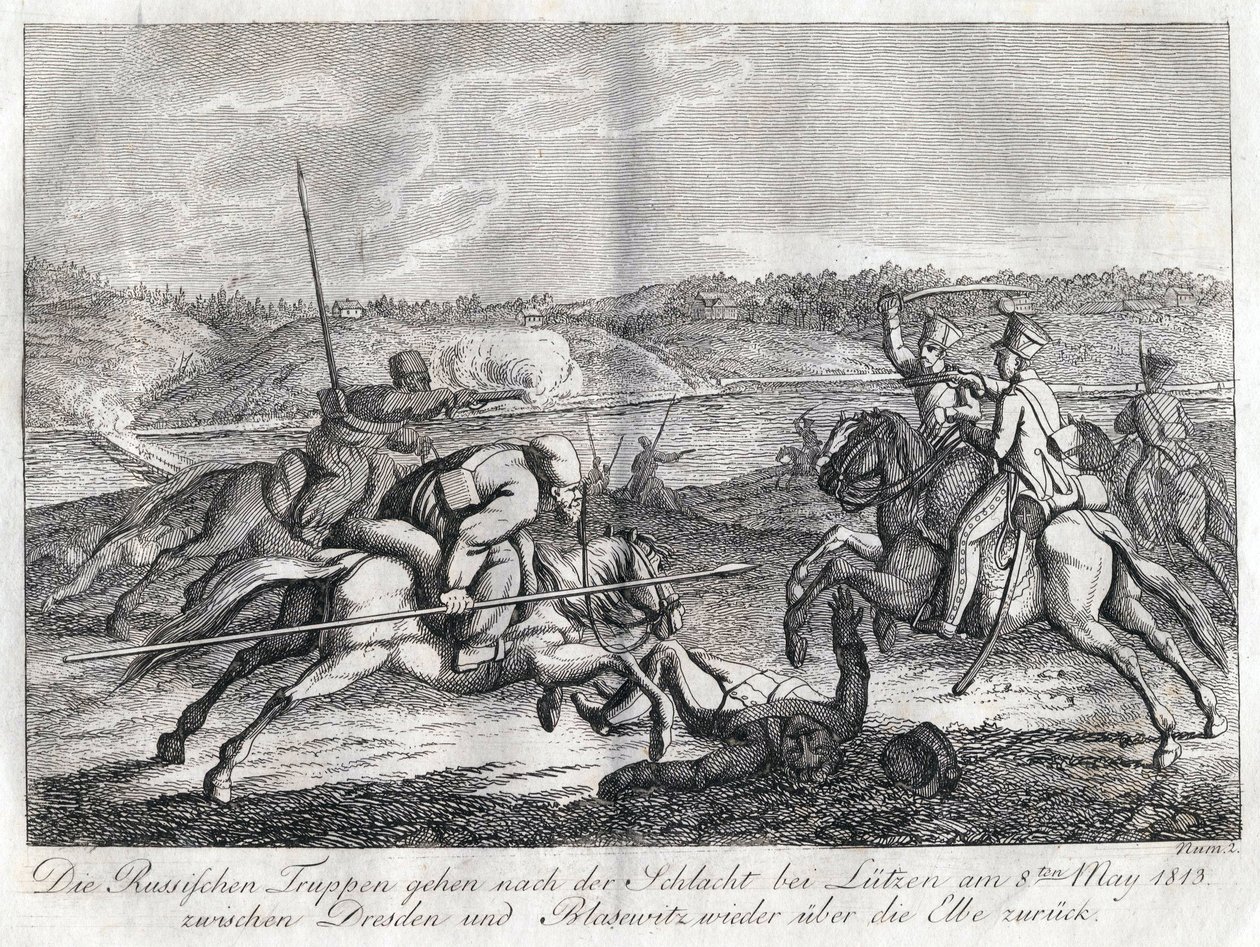Tropas russas vão após a Batalha de Lutzen de volta ao Elba - Sauerweid, Alexander Ivanovich (1783-1844) - 1813 - Etching - 21x26 - Coleção Privada de Alexander Ivanovich Sauerweid