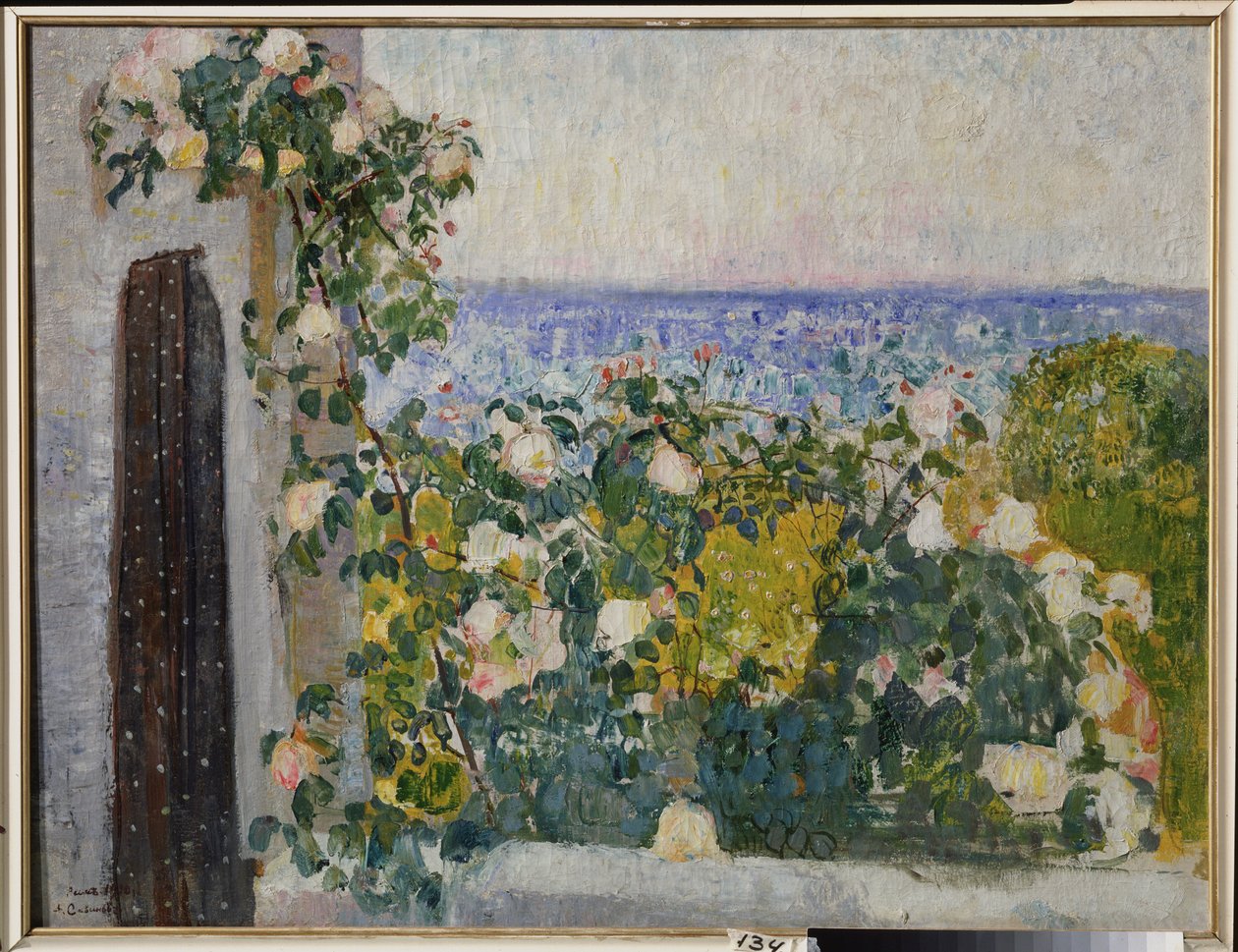Flores na varanda em Roma (Itália). Pintura de Alexander Ivanovich Savinov (1881-1942), óleo sobre tela de Alexander Ivanovich Savinov
